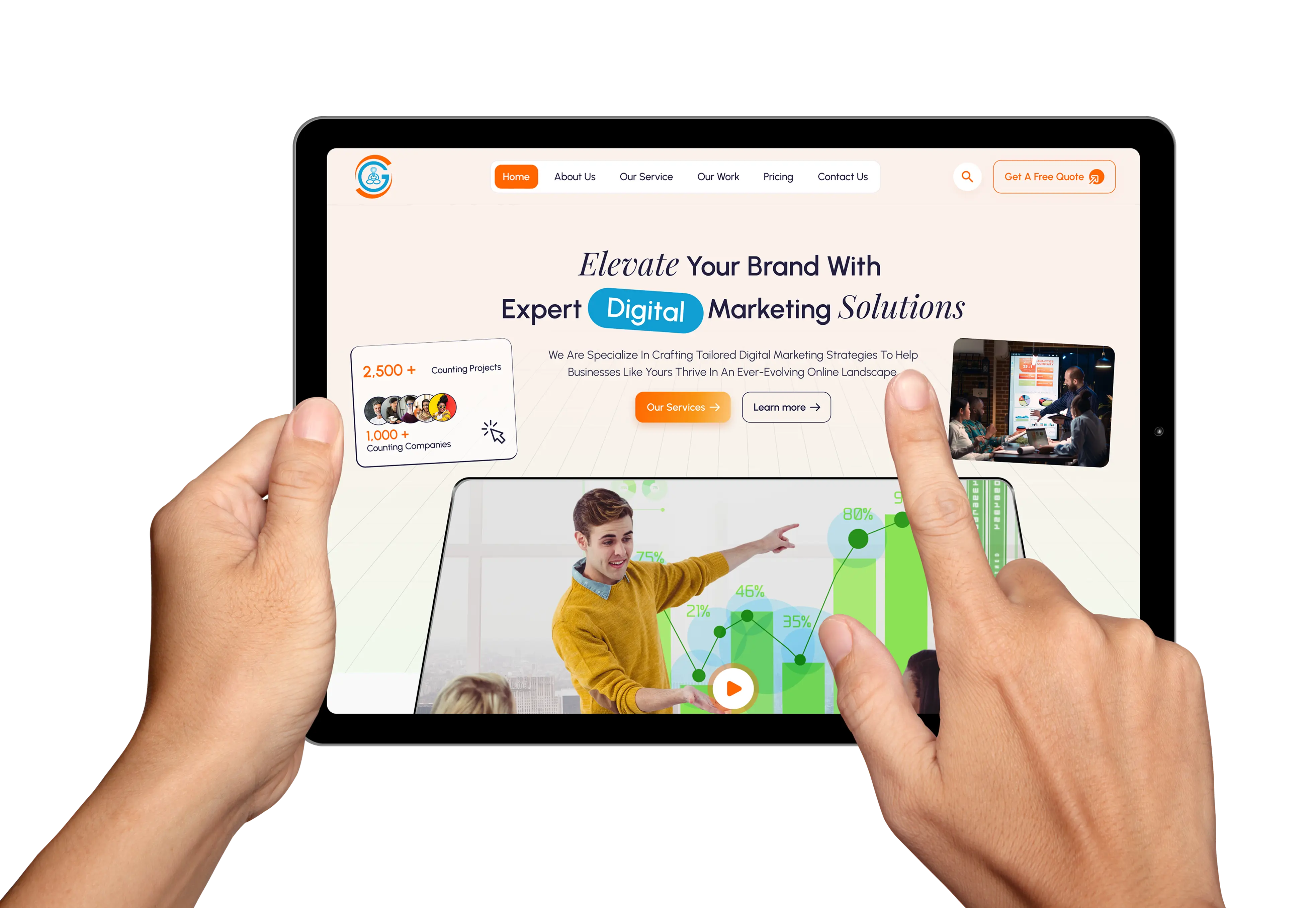 Hands holding a tablet that displays a screen with a man pointing at the content.
